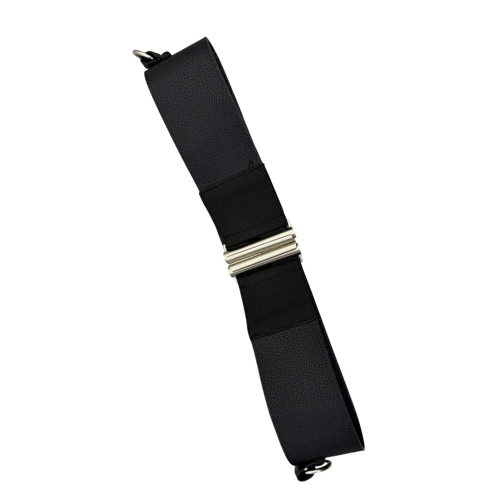 Manière De Voir Belt Womens 26.5 Black Elastic Waist Cinch Pebbled Logo Silver